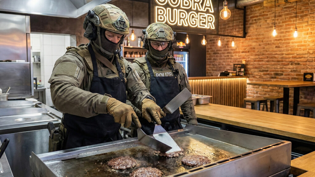 Zwei Cobra-Beamte grillen Burger