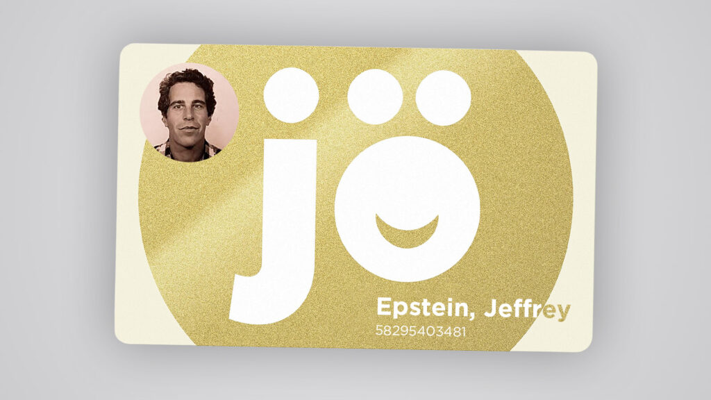 Das Bild zeigt eine JÖ-Karte mit dem Bild und Namen von Jeffrey Epstein.