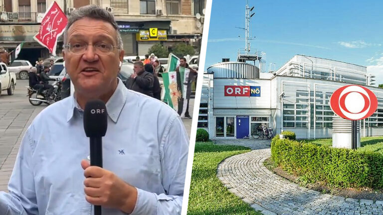 Das Bild zeigt den Korrespondenten Karim El-Gawhary und ein ORF Landesstudio.