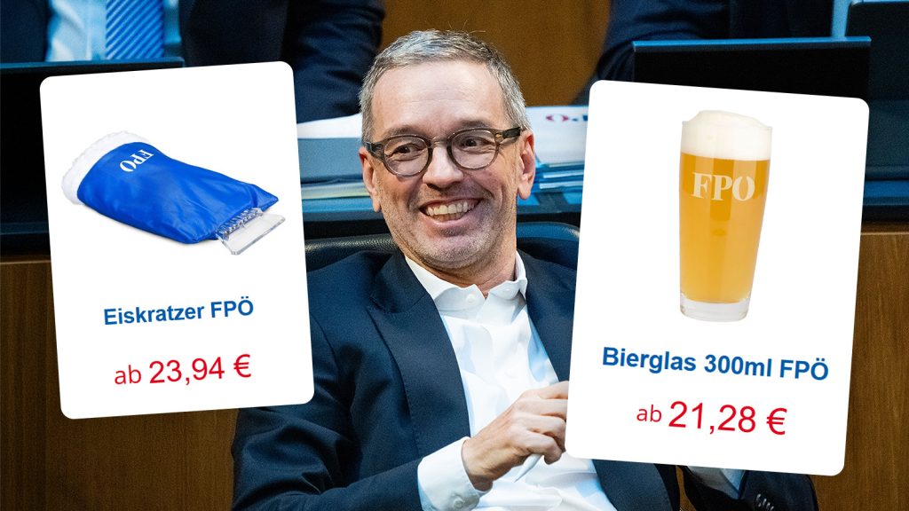 Das Bild zeigt einen lachenden Kickl, daneben ein Eiskratzer um 24 und ein Bierglas um 21 Euro.