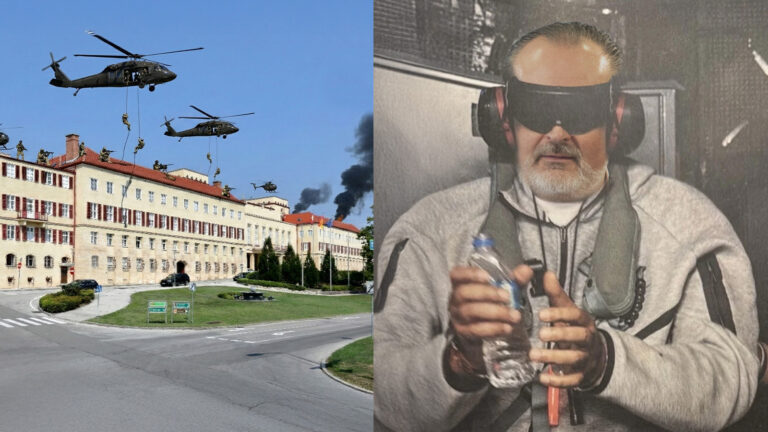 Das Bild zeigt Helikopter über dem burgenländischen Landhaus und ein Foto von Doskozil in Handschellen.