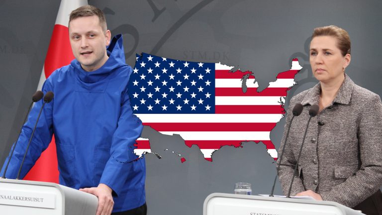 Das Bild zeigt den Regierungschef von Grönland und die dänische Premierministerin, zwischen ihnen prangt eine Karte der USA.