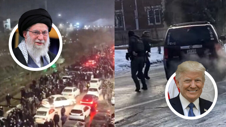 Das Bild zeigt Proteste im Iran und eine Szene aus dem Video, in welchem ein ICE-Beamter eine Frau erschießt. Daneben sieht man die Gesichter von Trump und Khamenei.