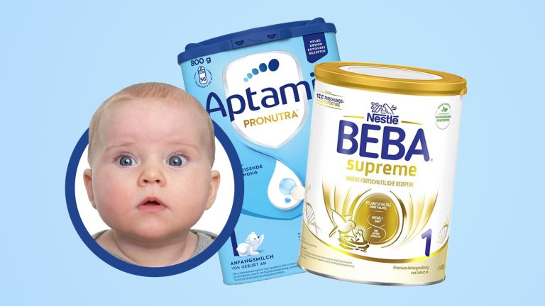 Das Bild zeigt Babynahrung von Nestle und Danone. Daneben sieht man ein Baby mit besorgtem Gesichtsausdruck.