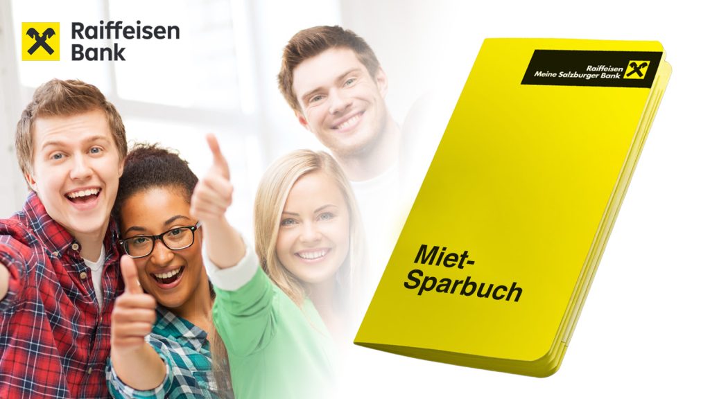 Das Bild zeigt glückliche Jugendliche sowie ein Sparbuch mit der Aufschrift "Miet-Sparbuch"