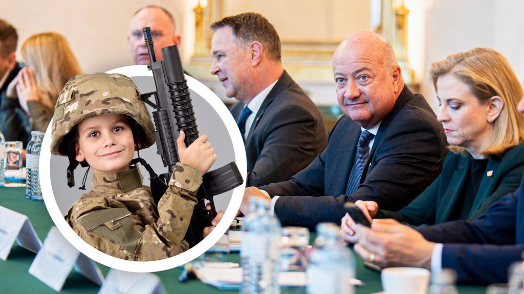 Das Bild zeigt ein Kind in Soldatenuniform mit Gewehr, Daneben ein Foto des Ministerrats.