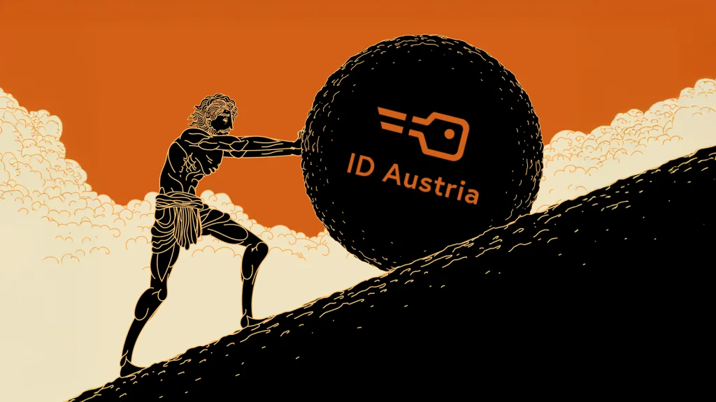 Das Bild zeigt Sisyphus, wie er einen Stein mit der Aufschrift "ID Austria" den Berg hochrollt.