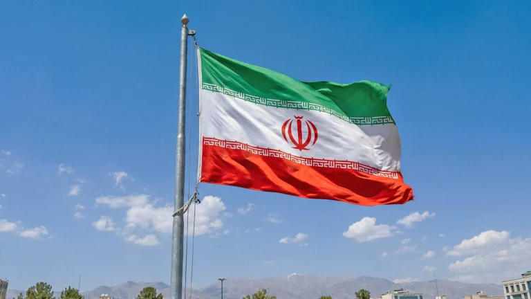 Das Bild zeigt die iranische Flagge an einem Mast.