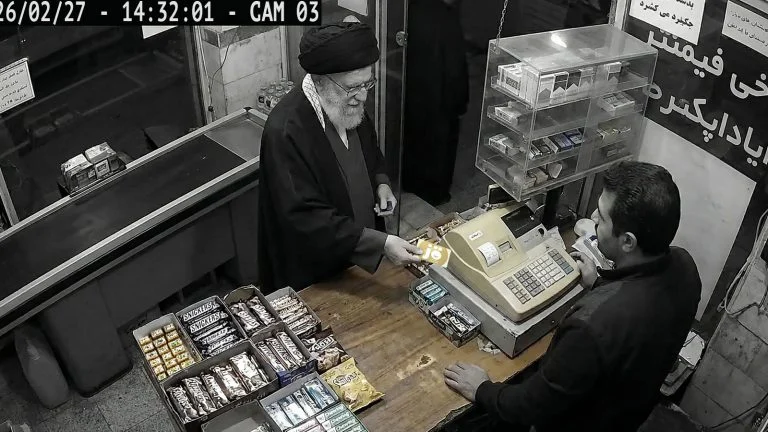 Khamenei in einem iranischen Supermarkt mit einer Jö-Bonus-Karte