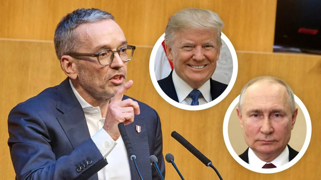 Das Bild zeigt Kickl, daneben Trump und Putin in Kreisen.