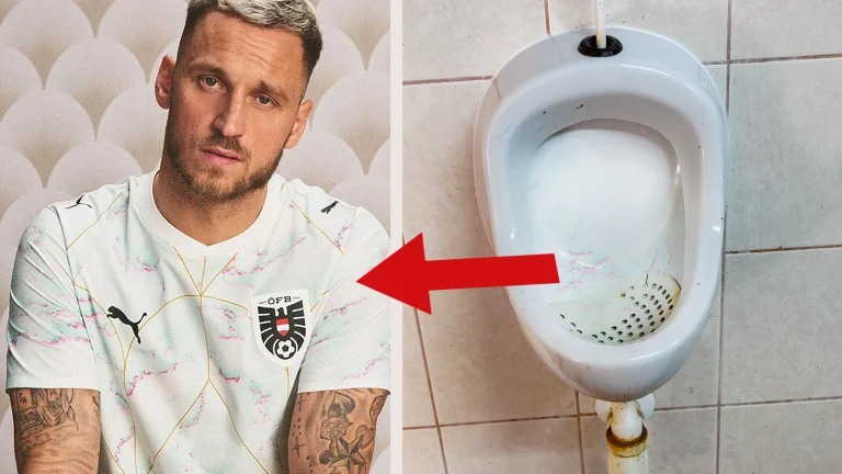 Das Bild zeigt Arnautovic im neuen Dress, daneben ein dreckiges Pissoir.