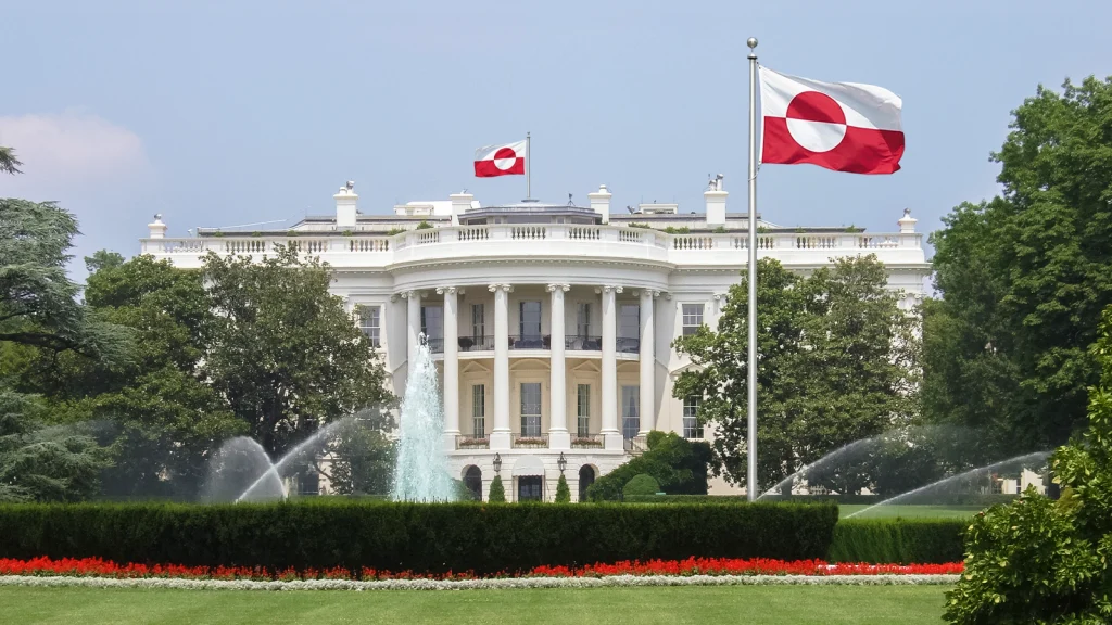 Das Bild zeigt das Weiße Haus mit gehisster grönländischer Flagge.