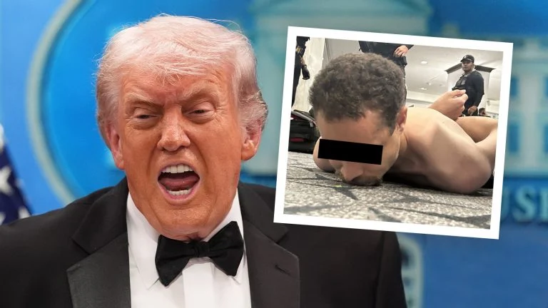 Das Bild zeigt einen schreienden Trump neben einem zensierten Foto des Attentäters.