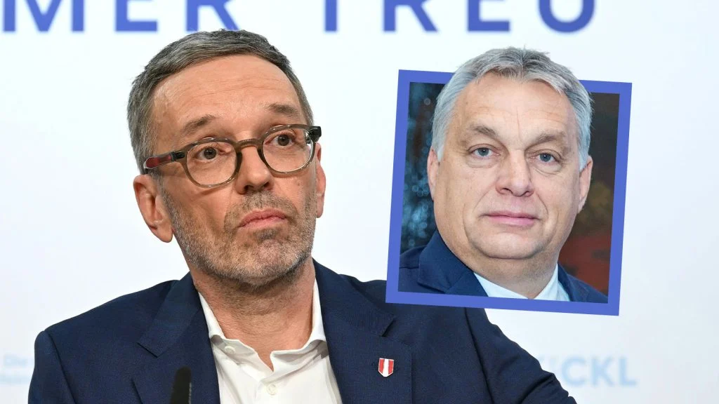 Das Bild zeigt einen zerknirschten Herbert Kickl sowie Viktor Orban.