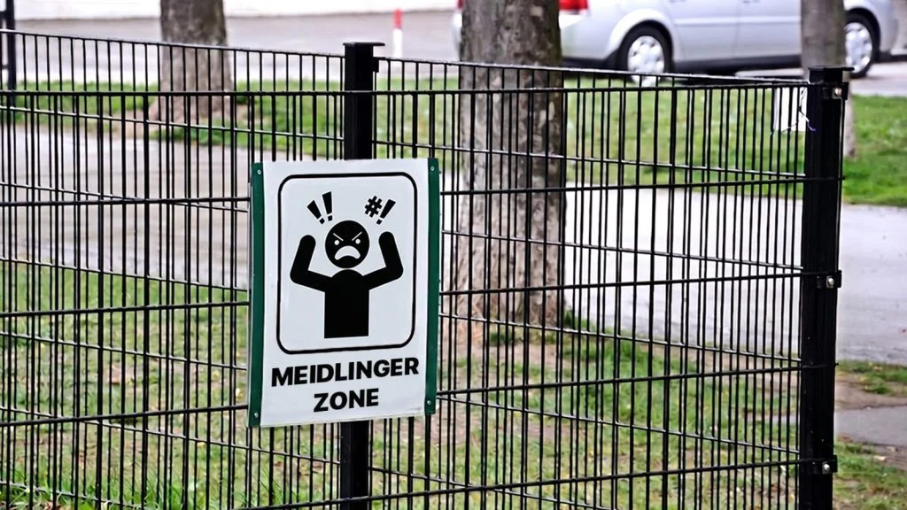 Das Bild zeigt einen umzäunten Bereich mit einem "MEIDLINGER-ZONE" Schild.