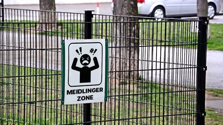 Das Bild zeigt einen umzäunten Bereich mit einem "MEIDLINGER-ZONE" Schild.