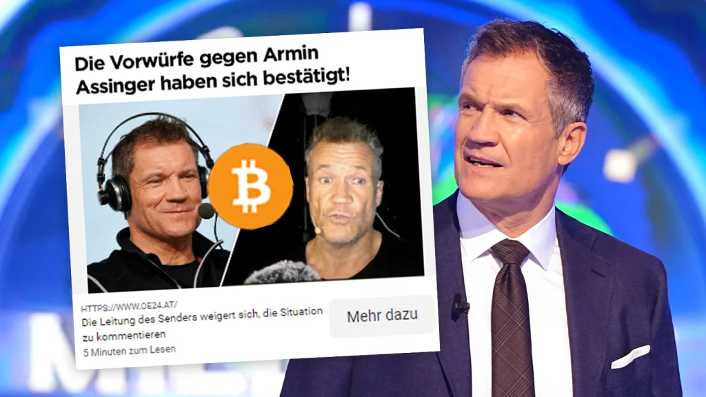 Das Bild zeigt eine Fake Werbung mit Armin Assinger. Daneben sieht man Armin Assinger mit verwirrtem Blick.