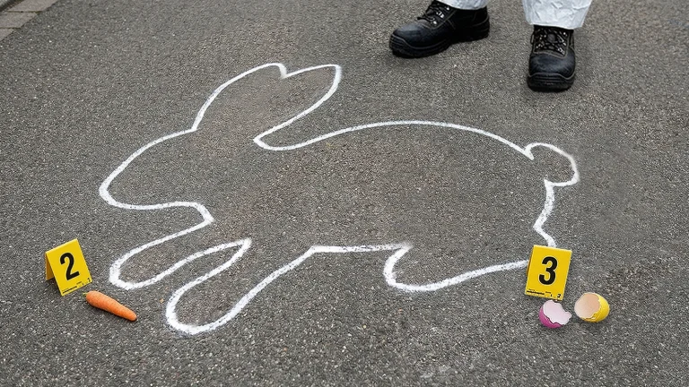 Das Bild zeigt die Umrisse eines Hasens auf Asphalt mit Kreide gemalt. Am Tatort befinden sich noch eine Karotte und zerbrochene Ostereier.