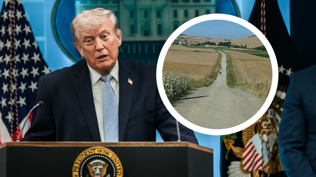 Das Bild zeigt Trump bei einer Pressekonferenz, daneben sieht man den Jakobsweg.