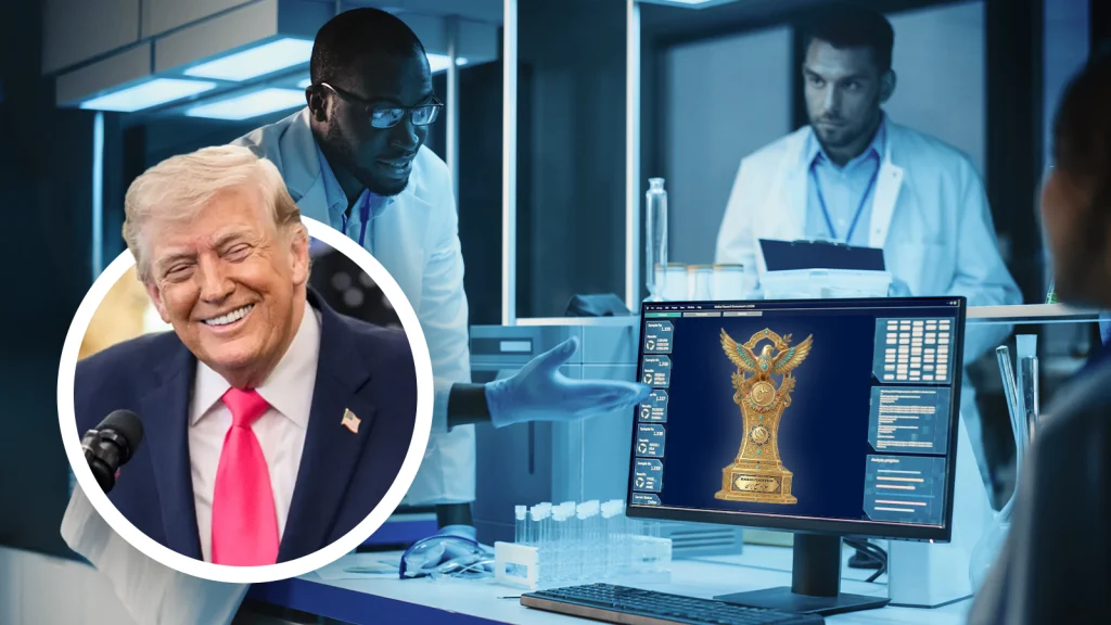 Das Bild zeigt einen lachenden Trump. Daneben ein Forscherteam, das auf einen Bildschirm schaut. Auf dem Bildschirm ist ein großer goldener Pokal.