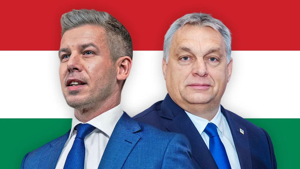 Das Bild zeigt Viktor Orban und Peter Magyar vor der ungarischen Flagge.