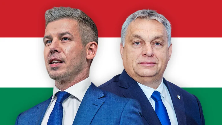 Das Bild zeigt Viktor Orban und Peter Magyar vor der ungarischen Flagge.