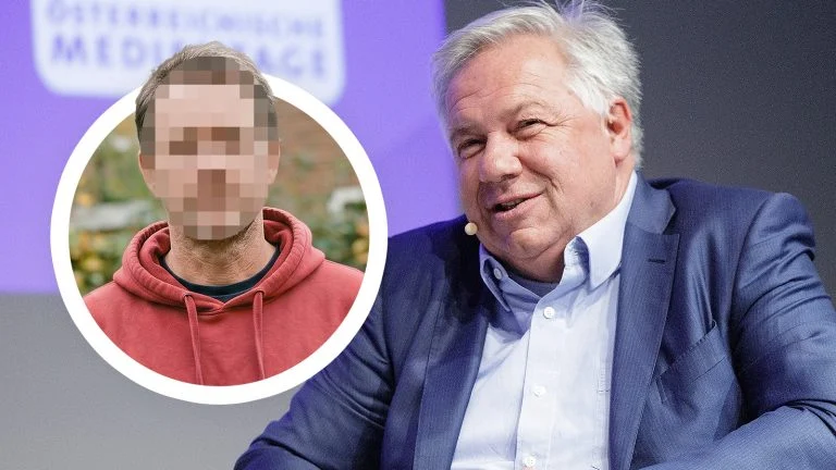 Das Bild zeigt einen lächelnden Wolfgang Fellner und ein anonymsiertes Bild des Erpressers.