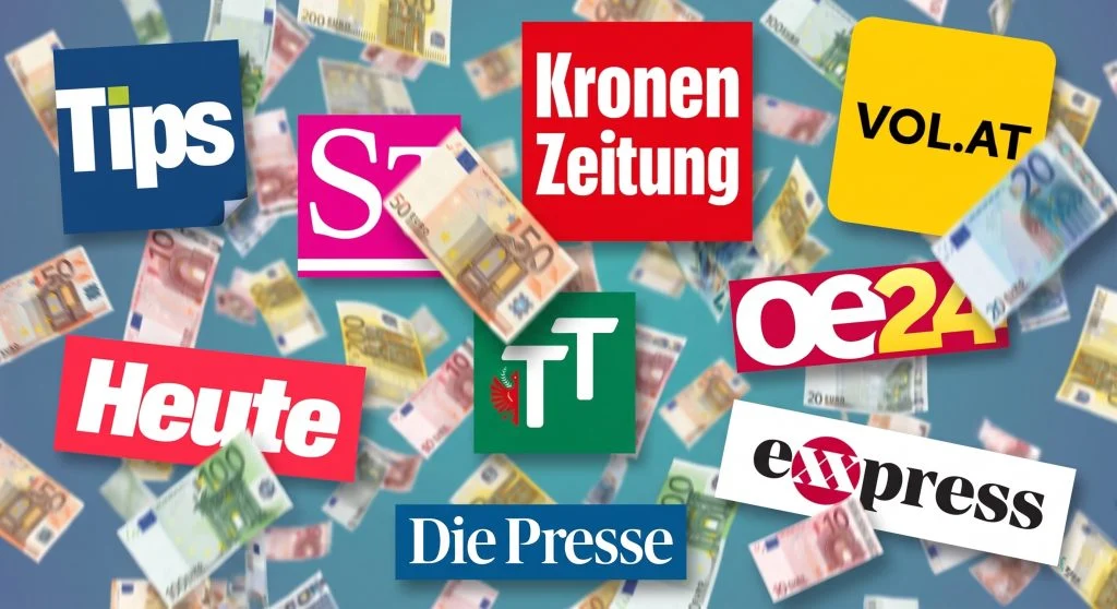 Das Bild zeigt Logos verschiedener österreichischer Medienhäuser im Geldregen.