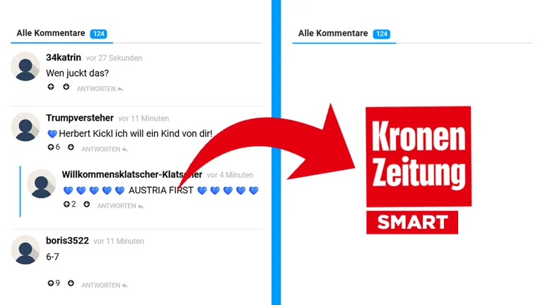 Das Bild zeigt eine Gegenüberstellung zweier Kommentarspalten, eine ist leer und eine ist voller missgünstiger Kommentare.
