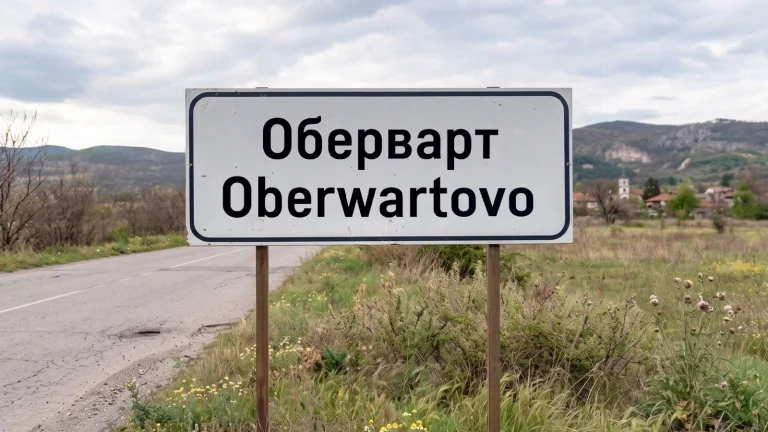 Das Bild zeigt eine bulgarische Ortstafel mit der Aufschrift "Oberwartovo" in lateinischen und kyrillischen Buchstaben.