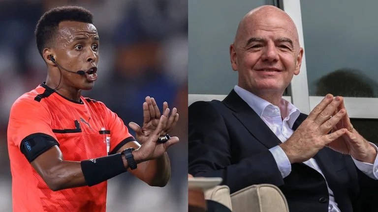 Das Bild zeigt den somalischen Schiedsrichter sowie den FIFA-Boss Infantino.