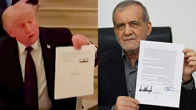 Das Bild zeigt Donald Trump und den iranischen Präsident Massud Peseschkian mit dem Friedensvertrag.