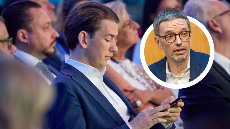 Das Bild zeigt Sebastian Kurz am Handy. Daneben in einem Kreis sieht man Herbert Kickl.