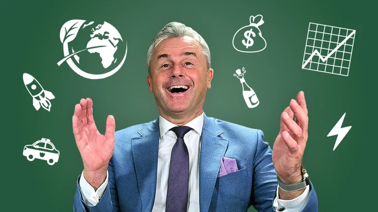Das Bild zeigt einen glücklichen Norbert Hofer. Neben ihm fliegen Symbole wie ein Aktienchart, eine Sektflasche und ein Geldsack.