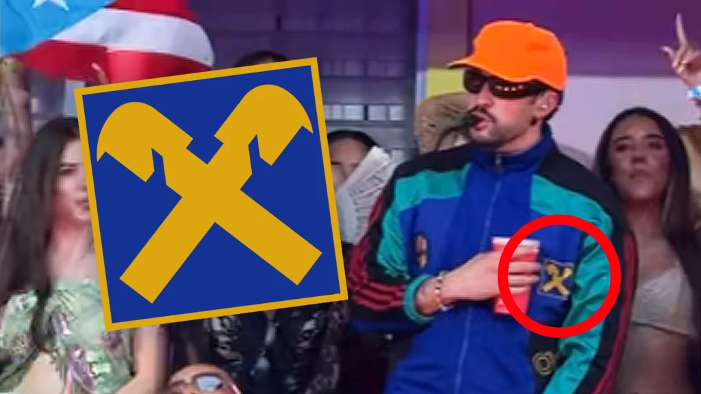 Das Bild zeigt Bad Bunny bei einem Konzert im Düsseldorf. Daneben sieht man das Raiffeisen Logo.