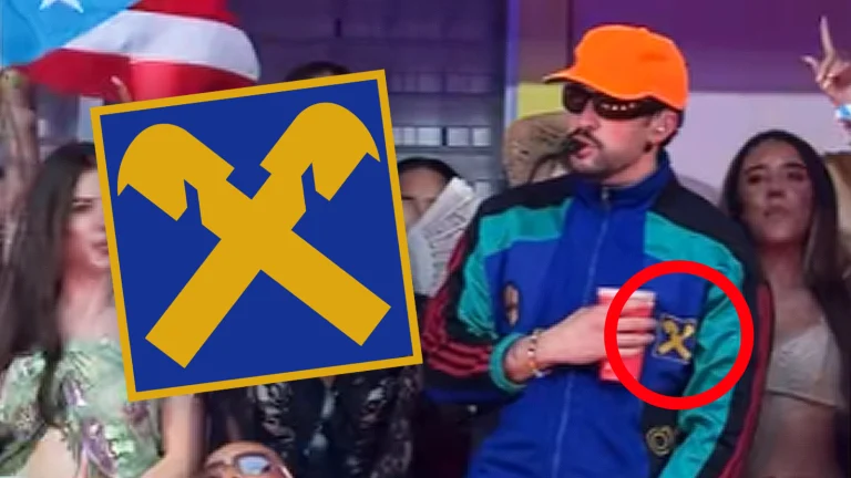 Das Bild zeigt Bad Bunny bei einem Konzert im Düsseldorf. Daneben sieht man das Raiffeisen Logo.