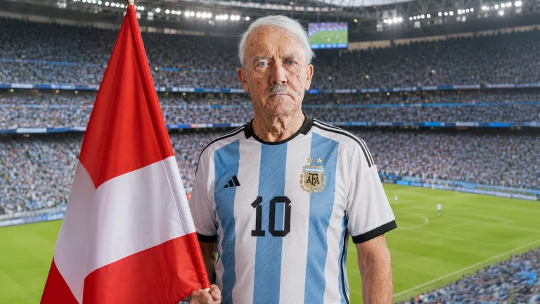 Das Bild zeigt einen extrem gealterten Adolf Hitler im Argentinien Trikot und mit Österreich-Fahne.