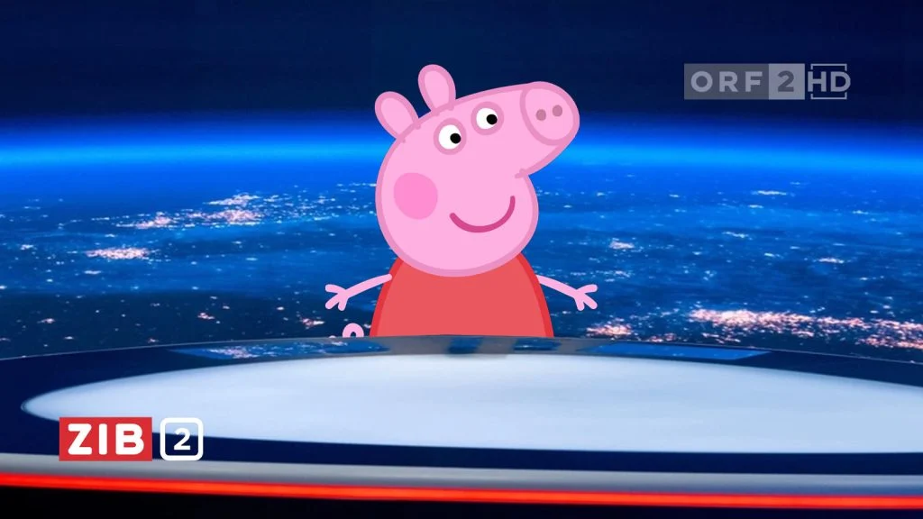 Das Bild zeigt Peppa Pig im ZIB 2 Studio.