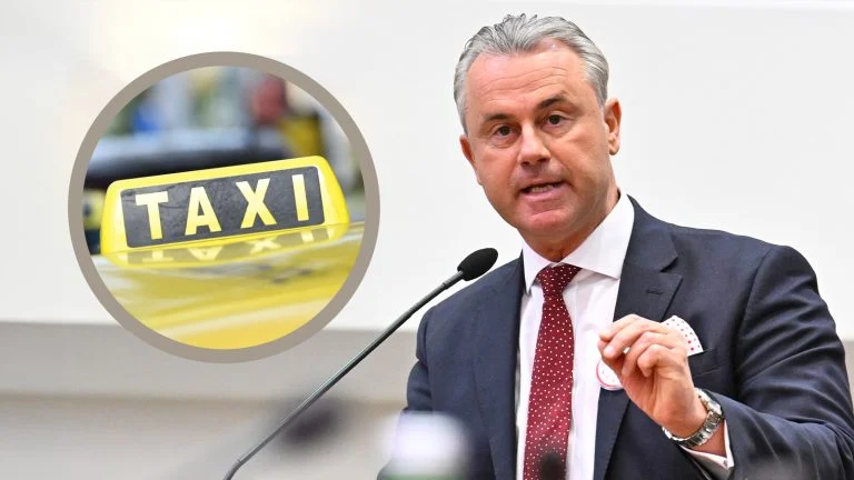 Das Bild zeigt Norbert Hofer an einem Rednerpult. Daneben ein Taxi-Logo in einem Kreis.