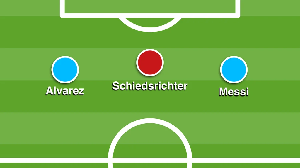 Das Bild zeigt eine graphische Darstellung der Dreierspitze. Einer der drei Spieler ist der Schiedsrichter.