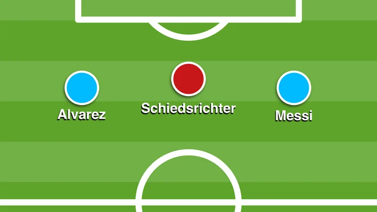 Das Bild zeigt eine graphische Darstellung der Dreierspitze. Einer der drei Spieler ist der Schiedsrichter.
