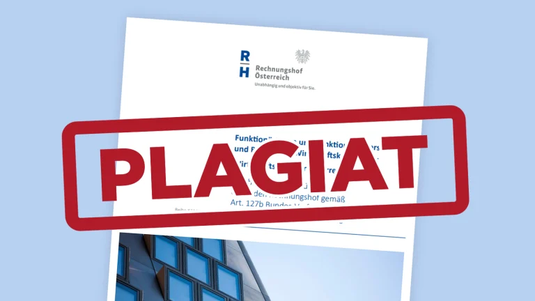 Das Bild zeigt den Rechnungshofbericht mit einem "Plagiat"-Stempel.