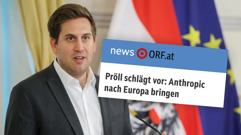 Das Bild zeigt Alexander Pröll. Daneben die orf.at-Meldung über Prölls Versuch Anthropic nach Europa zu holen.