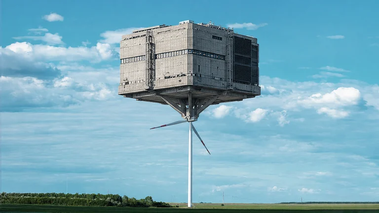 Das Bild zeigt ein rießiges Rechenzentrum, das auf der Spitze eines Windrads balanciert.