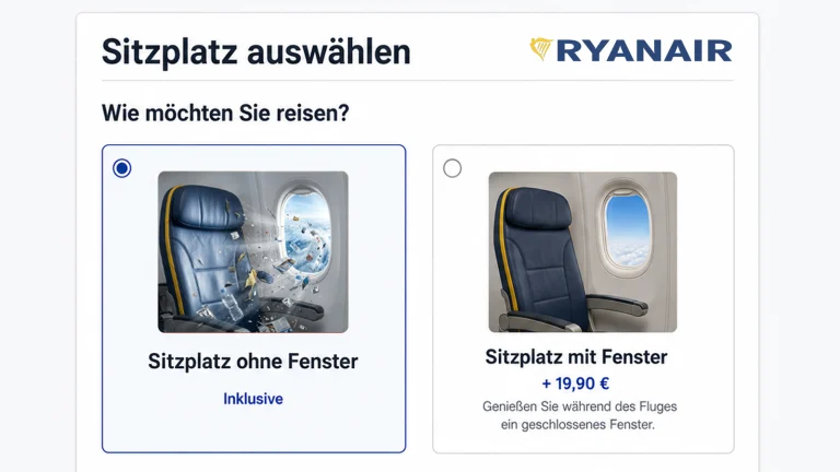 Das Bild zeigt die Benutzeroberfläche von RyanAirs Buchungsprogramm. Man sieht eine Auswahl: Entweder Platz mit geschlossenem und offenem Fenster.