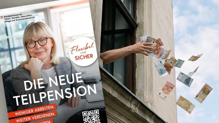 Das Bild zeigt ein Werbesujet zur Teilpension. Daneben sieht man eine Hand, die Geldscheine aus dem Fenster wirft.