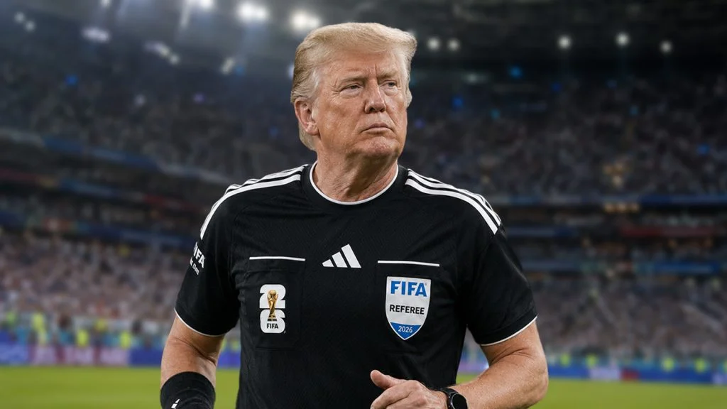 Das Bild zeigt Trump als Schiedsrichter in einem Fußballstadion.