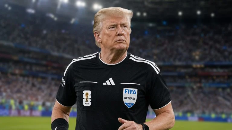 Das Bild zeigt Trump als Schiedsrichter in einem Fußballstadion.