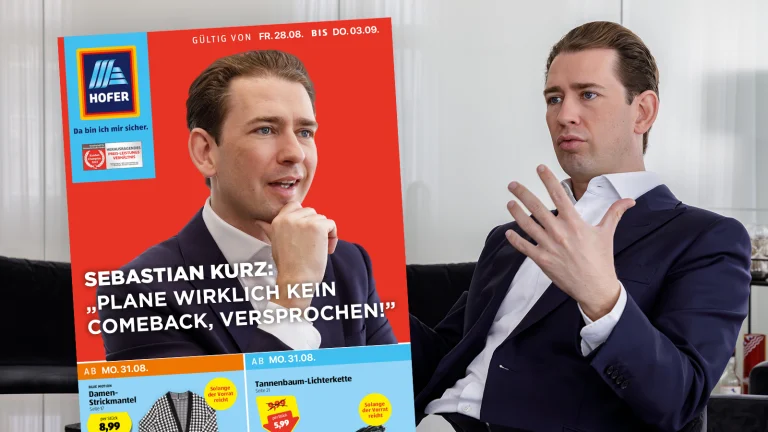 Das Bild zeigt das Cover des Hofer-Prospekts mit Sebastian Kurz. Daneben sieht man Kurz in einer Interview-Situation.