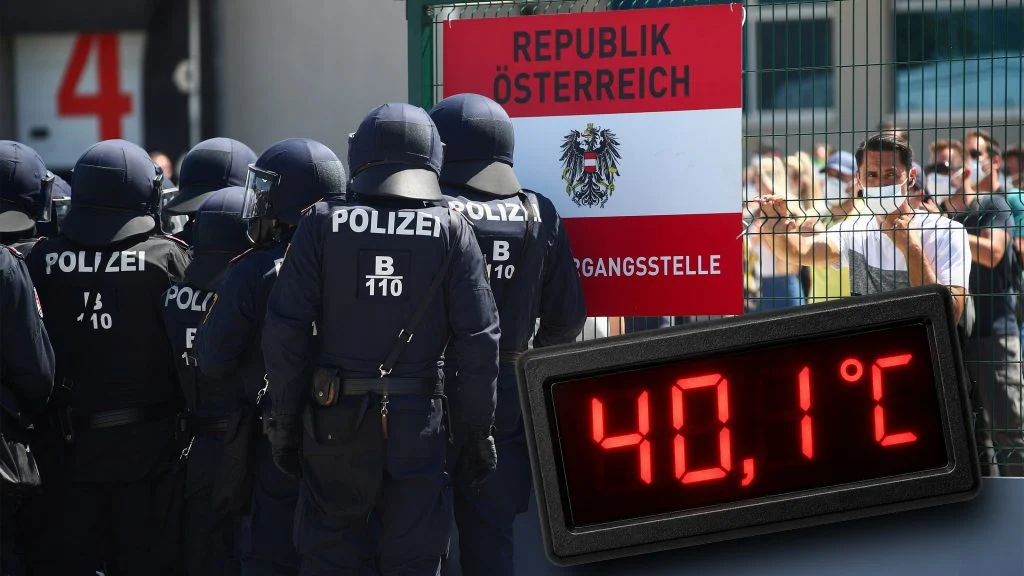 Foto vom Grenzübergang Nickelsdorf mit Polizei, daneben Thermometer